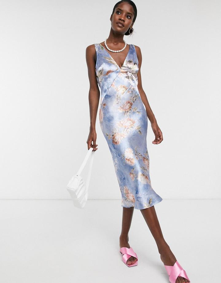 Asos Design Paneled Satin Midi Dress With Cowl Back In Floral Print-multi