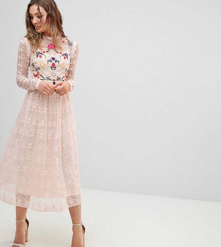 Frock And Frill Premium Embroidered Lace Prom Skater Dress - Pink
