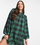 Asos Design Tall Oversized Long Sleeve Smock Dress With Tie Back In Large Green Gingham Print