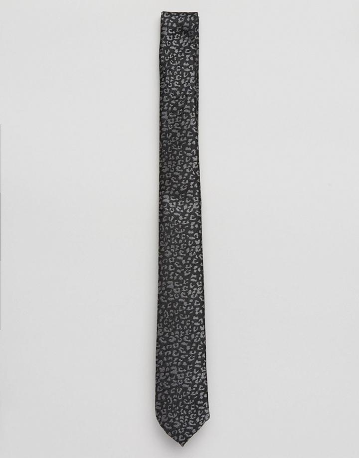 Asos Slim Tie In Jacquard Leopard Design - Black