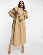 Asos Edition High Neck Ruffle Midi Dress With Oversized Cuff In Taupe-neutral