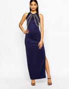 Rare London Chain Front Maxi Dress With Back Split - Navy