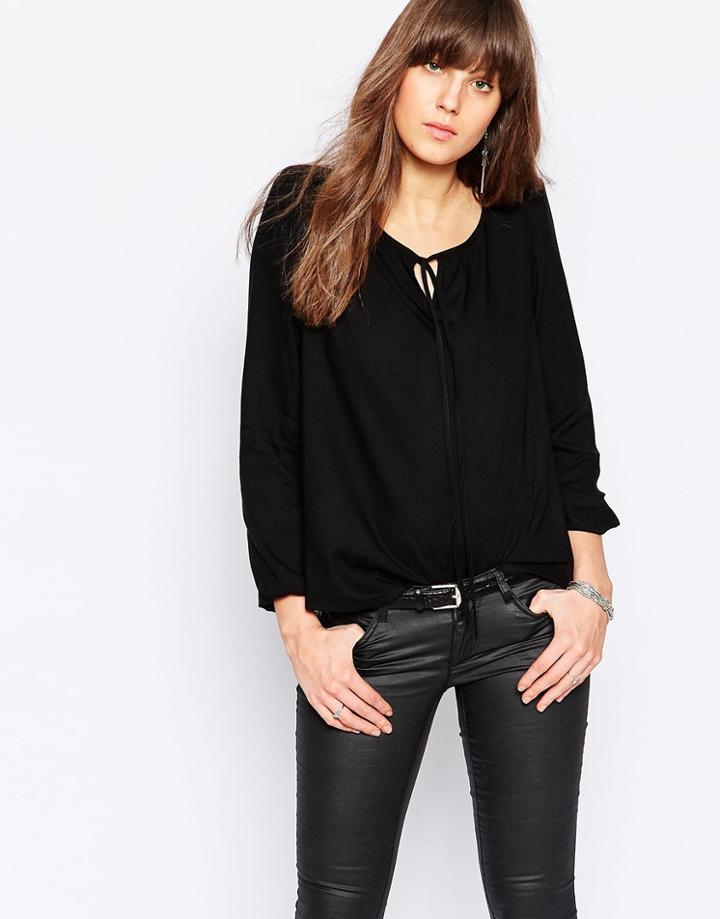 Jdy Long Sleeve Top With Tie Detail - Black