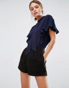 Closet Short Sleeve Blouse With Frill Detail - Navy