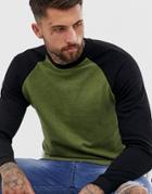 Asos Design Sweatshirt With Contrast Raglan Sleeve In Green Interest Fabric - Green