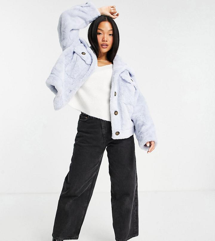 Asos Design Petite Faux Fur Trucker Jacket In Blue-blues
