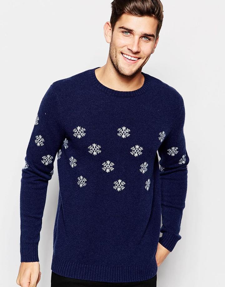 Asos Lambswool Rich Holidays Sweater With Snowflakes