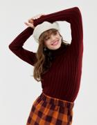 Monki Roll Neck Ribbed Sweater In Plum - Red