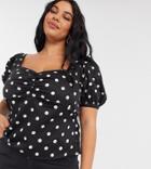 Fashion Union Plus Puff Sleeve Milk Maid Crop Blouse In Polka Dot-black