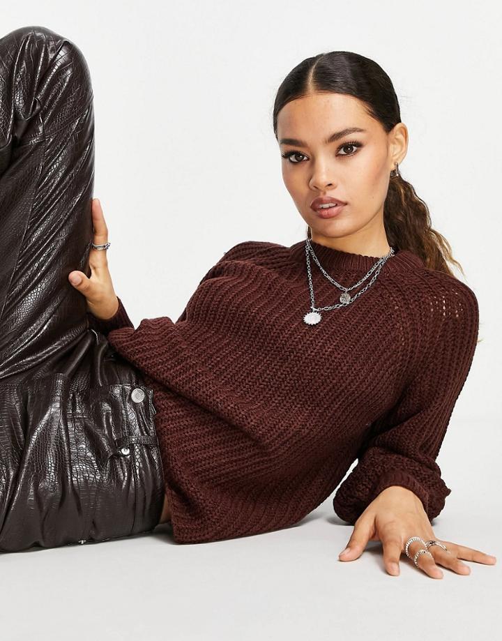 Only Chunky Balloon Sleeve Sweater In Chocolate-brown