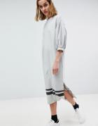 Moss Copenhagen Midi T-shirt Dress With Balloon Sleeves & Hem Stripe - Gray