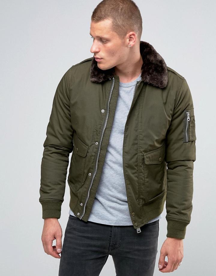 Schott Air Bomber Jacket Faux Fur Collar - Green