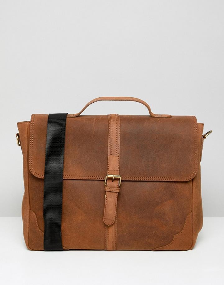 Asos Design Leather Satchel In Vintage Tan And Front Strap