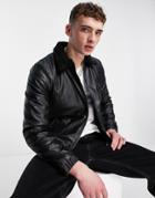Bolongaro Trevor Faux Leather Bomber Jacket With Borg Collar In Black