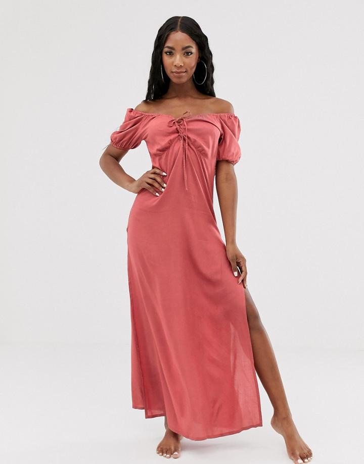 Asos Design Plunge Front Lace Up Milkmaid Beach Maxi Dress - Brown