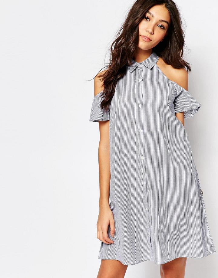 Influence Cold Shoulder Swing Shirt Dress - Blue