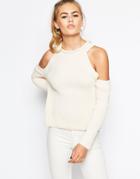 Daisy Street Halter Neck Knit Rib Sweater With Cold Shoulder - Cream