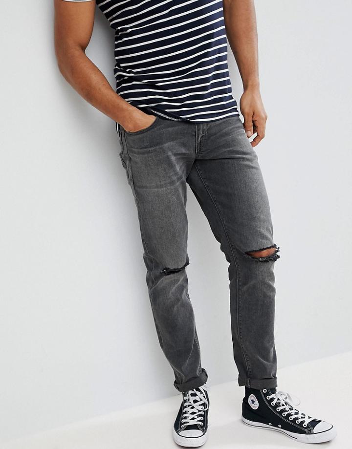 Asos Slim Jeans In Vintage Washed Black With Knee Rips - Black