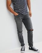 Asos Slim Jeans In Vintage Washed Black With Knee Rips - Black