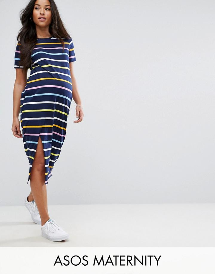 Asos Maternity Midi T-shirt Dress In Rainbow Stripe - Multi