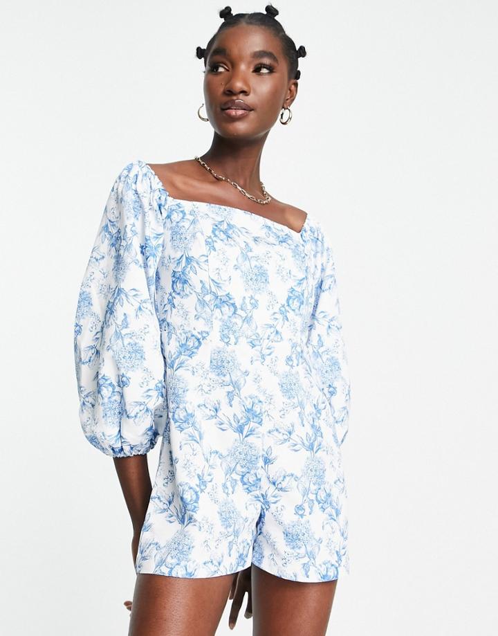 River Island Floral Puff Sleeve Romper In Light Blue