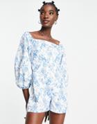River Island Floral Puff Sleeve Romper In Light Blue