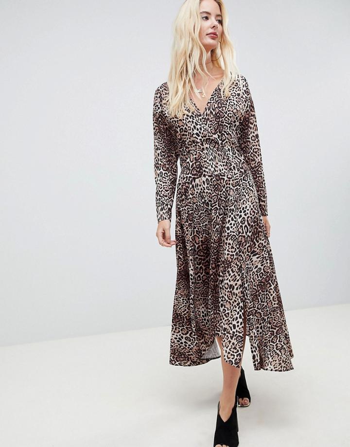 Asos Design Wrap Midi Dress With Long Sleeves In Leopard Print-multi