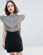 Monki Gingham Tiered Ruffle Shirt - Black