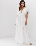 True Decadence Premium Plunge Front Maxi Dress With Shoulder Detail In White - White