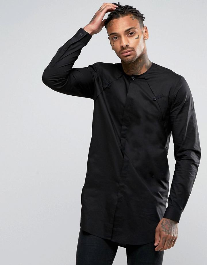 Asos Super Longline Shirt In Black With Pleat Collar Detail - Black