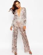 Asos Premium Jumpsuit With Plunge Neck In Velvet Devore Burnout - Mink