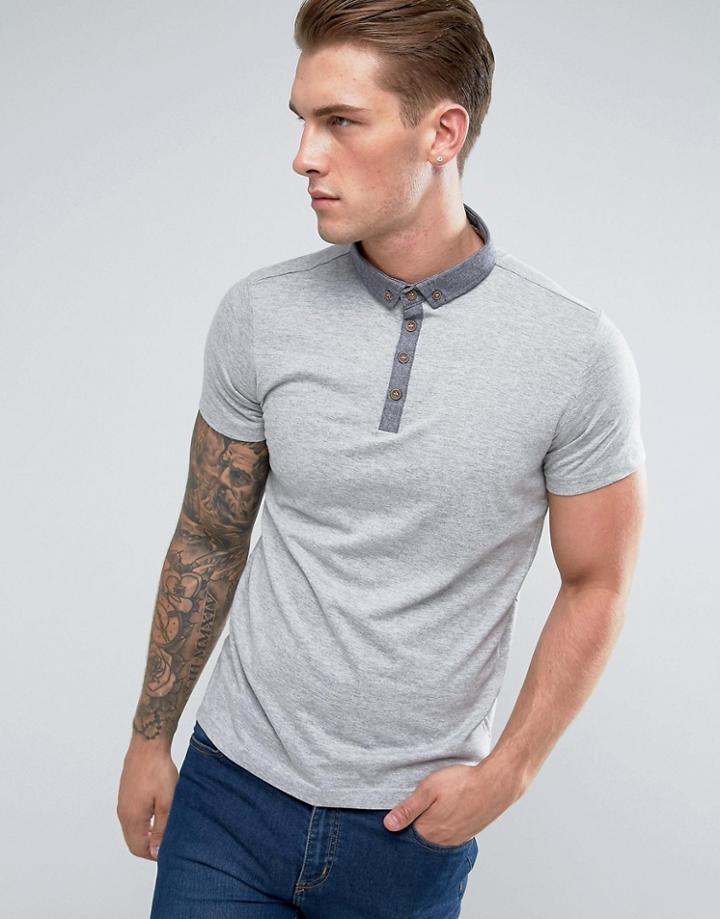 Brave Soul Contrast Chambrey Collar Polo - Gray