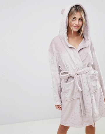 Loungeable Luxe Fleece Hooded Robe In Metallic Star Print - Brown
