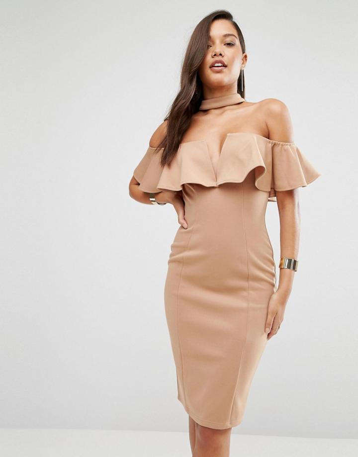 Rare London High Neck Pencil Dress With Frill - Tan