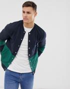 Asos Design Bomber Jacket With Poppers And Color Blocking In Navy