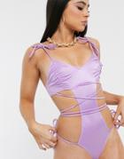 Luxe Palm Rouched Cup High Shine Swimsuit-purple