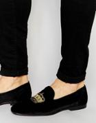 Asos Loafers In Black Velvet With Crown Embroidery - Black