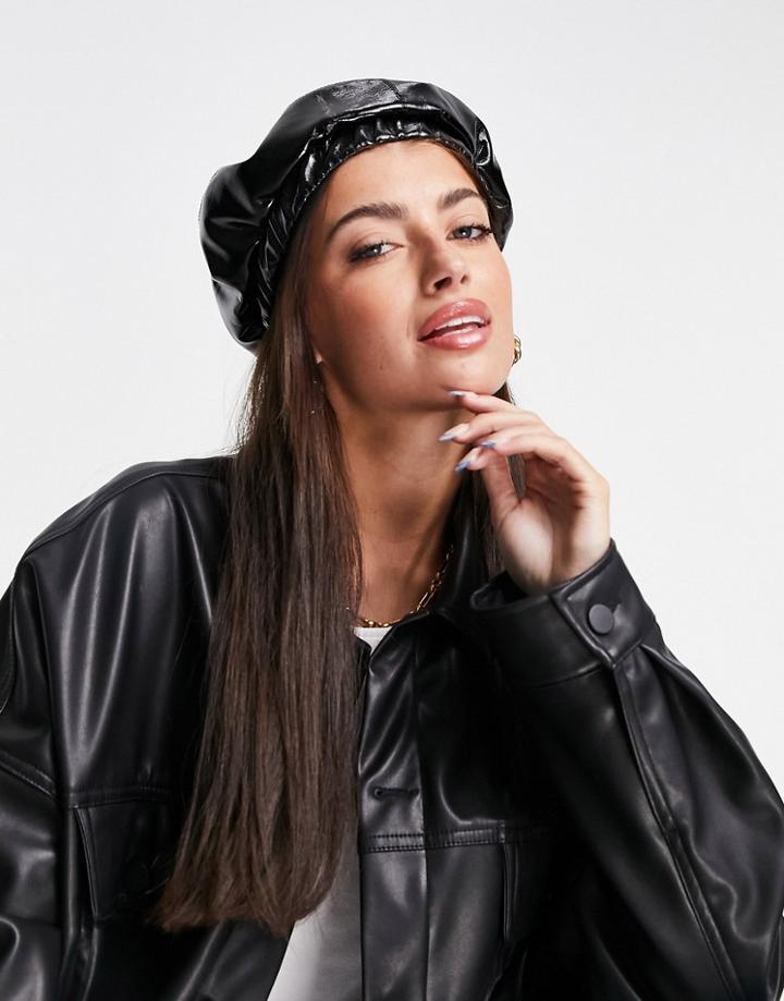 Asos Design Vinyl Ruched Band Beret In Black