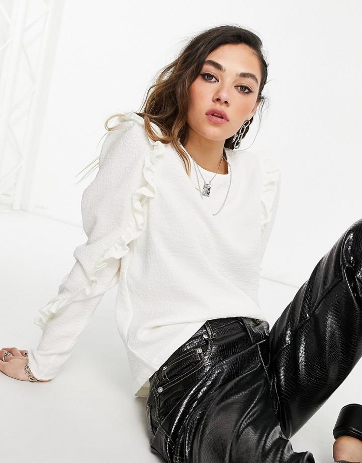 Object Vita Long Sleeve Frill Top In Cream-white