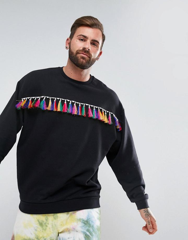 Asos Oversized Sweat With Tassels - Black