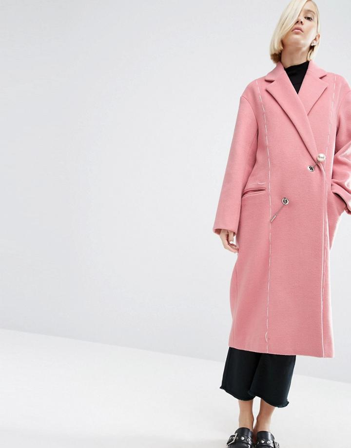 Asos White Wool Mix Overcoat With Pearl Fastening - Pink