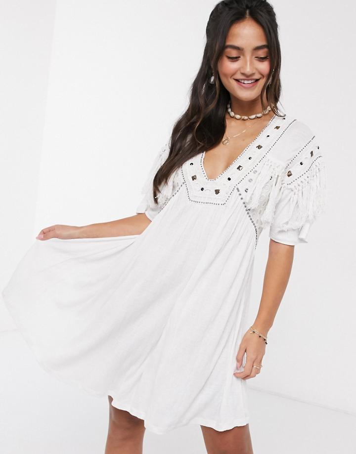 Asos Design Embellished Mini Dress With Tassle Trim In White