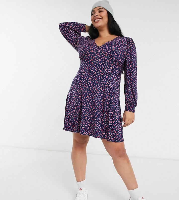 Asos Design Curve Mini Tea Dress With Button Detail In Floral Print-black