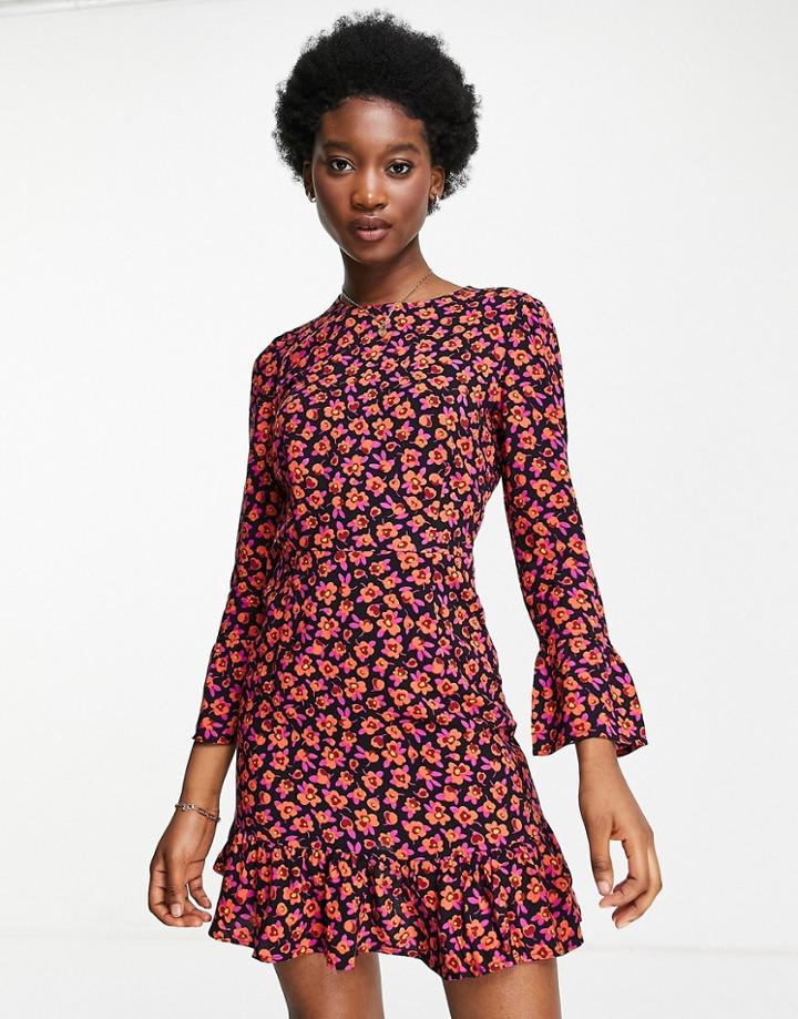 Stradivarius Long Sleeve Mini Dress In Dark Red Floral