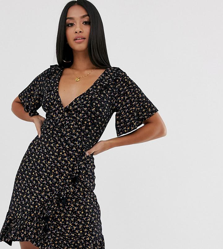 Boohoo Petite Wrap Mini Dress In Black Ditsy Floral - Black