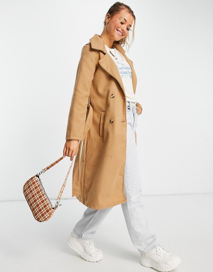 Brave Soul Virgo Belted Maxi Coat In Camel-brown