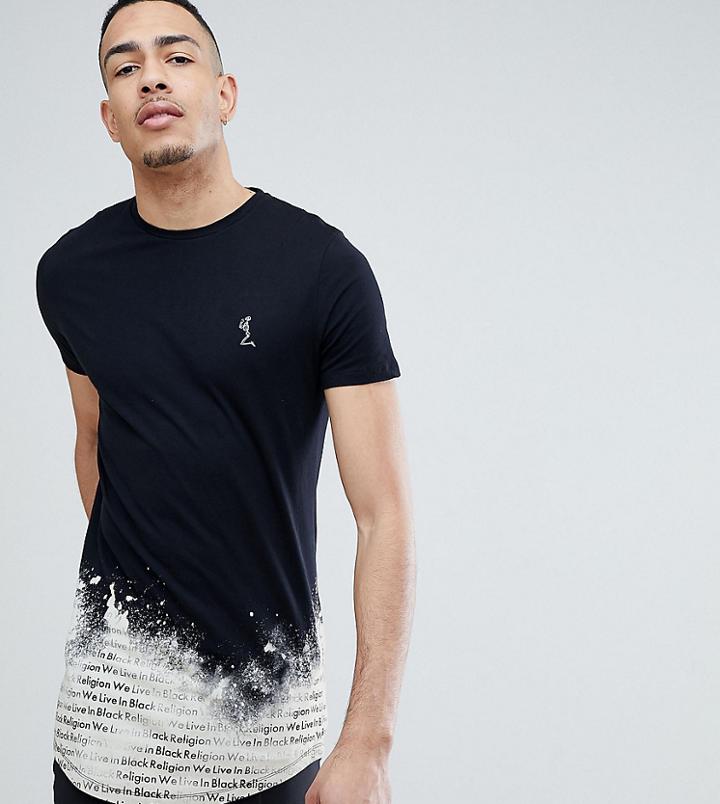 Religion Tall Longline T-shirt With Curved Hem In Bleach Fade - Black