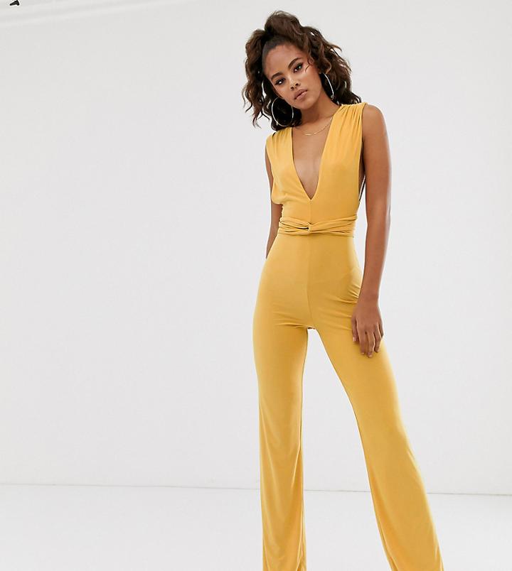 Club L London Tall Soft Touch Plunge Front Jumpsuit In Yellow