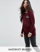 Supermom Longline Stripe Top With Rose Embroidery And Varisty Trim - Multi