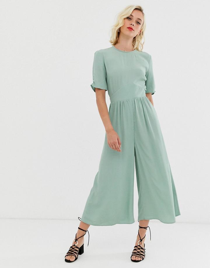 Asos Design Tea Jumpsuit With Ruched Sleeve Detail-green